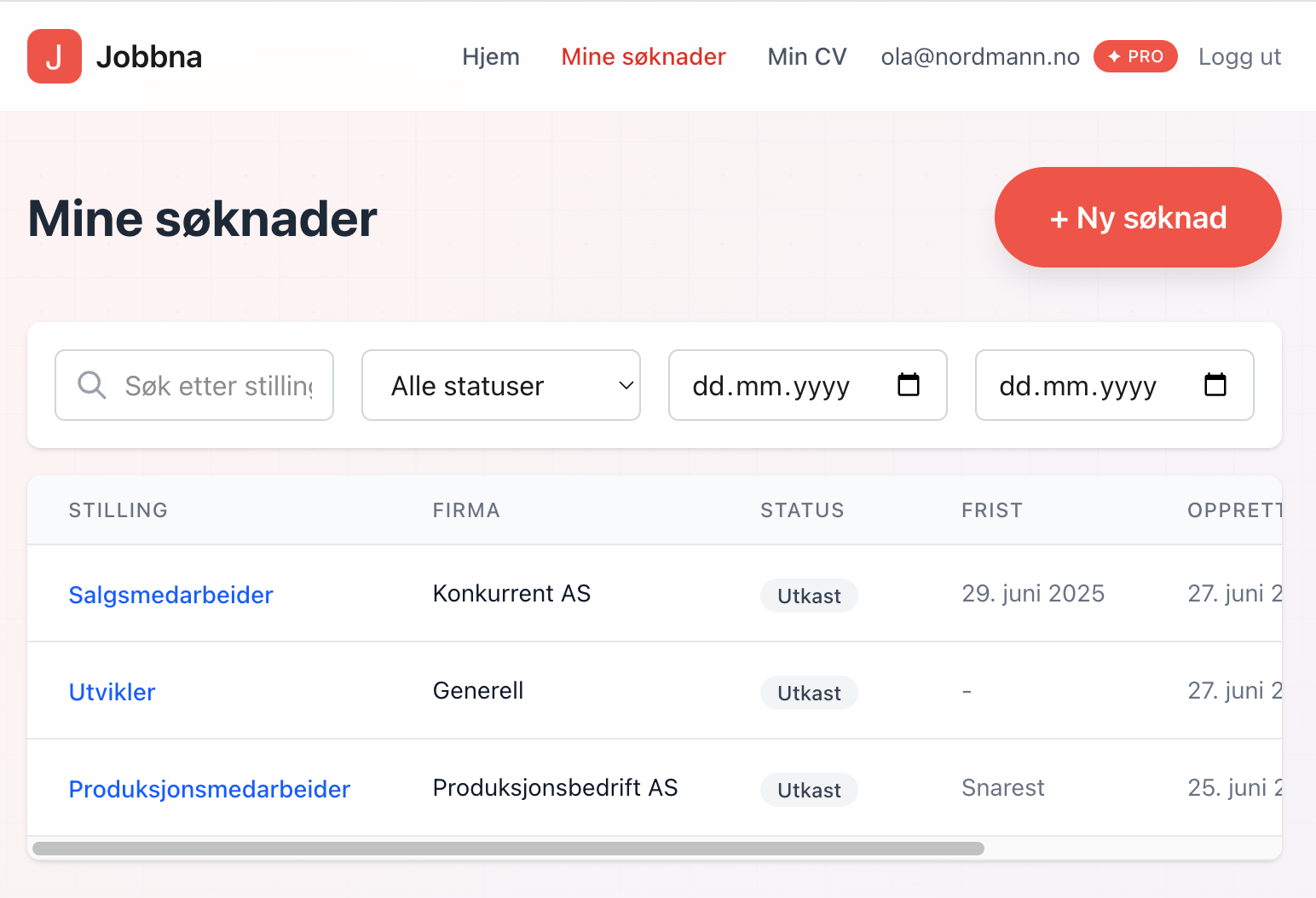 Søknadsoversikt eksempel